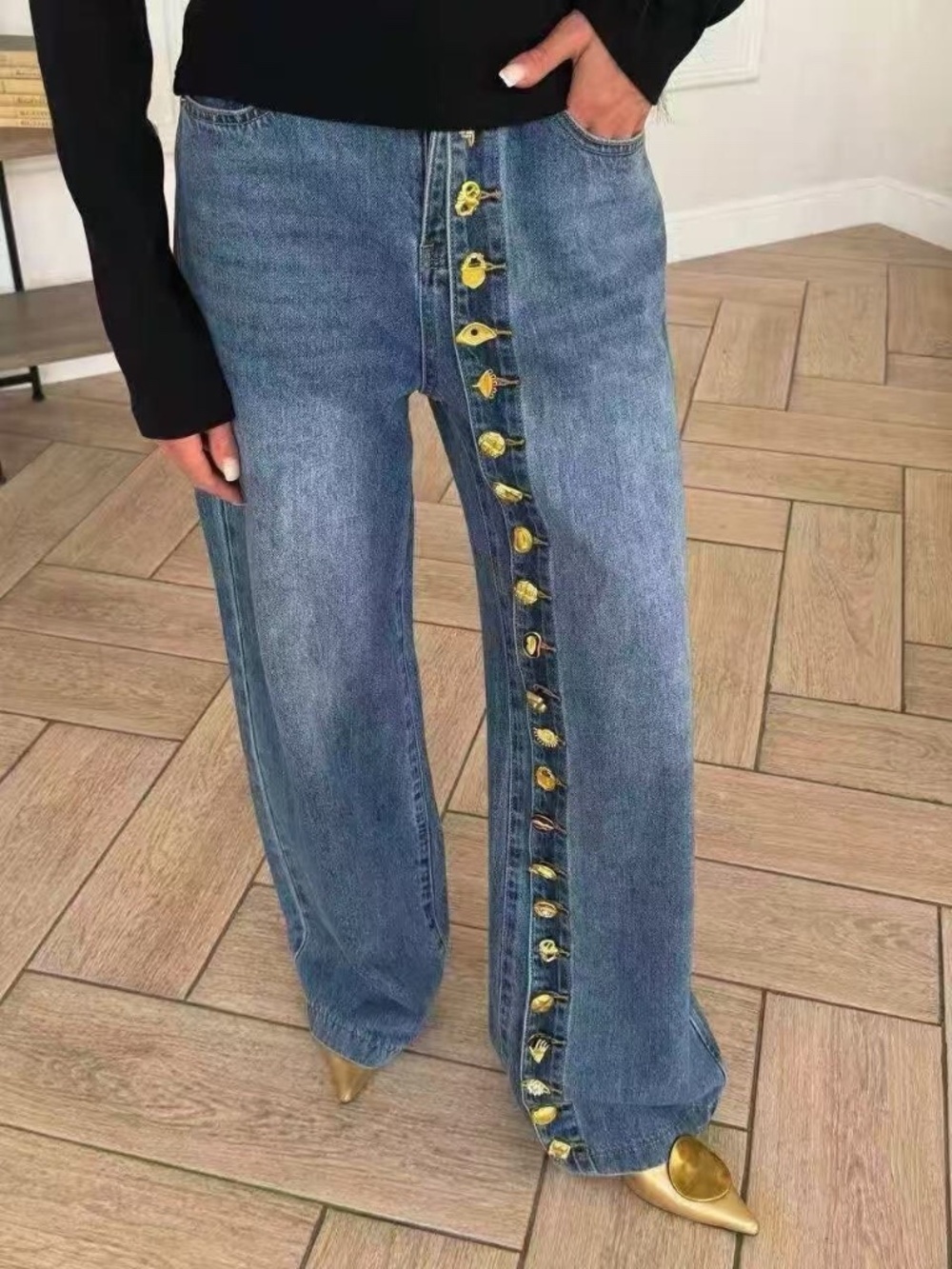 Schiaparelli Statement Gold Button High Waist Denim Jeans